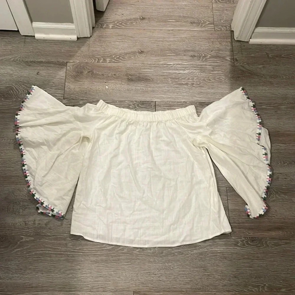 Altar’d State Women’s White small Linen Blend Tassel Strapless Blouse - Picture 2 of 5